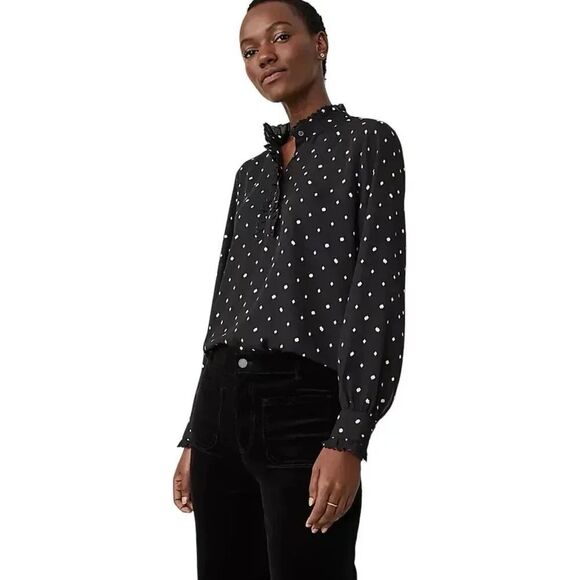 Ann Taylor Scalloped Black Cream Polka Dots Long Sleeves Lightweight SZ M #2317 - Picture 1 of 14